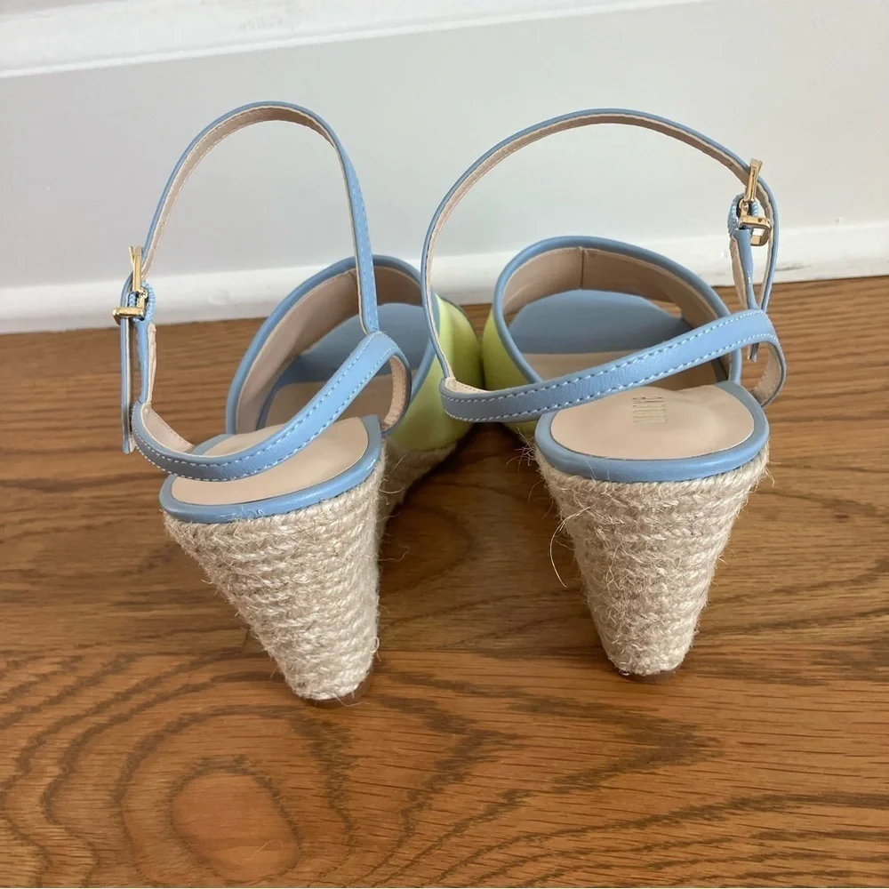 NWOB Anthropology Maeve Yellow & Blue Leather & Raffia Wedge Heel (8)
